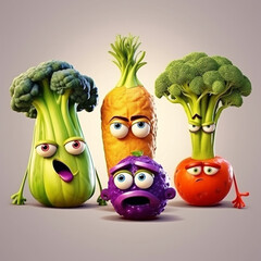Cartoon vegetable character in 3D form with surprised facial expression. Plain background. This cartoon has eyes and a mouth.
