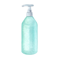 Laundry illustration. Washing gel, liquid soap. Watercolor on a white background. Hand drawn. For postcards