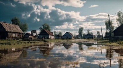 high water in the village.Flooding of houses and villages. Generative AI