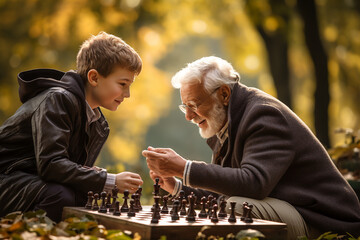 AI generated older man teaching a young boy how to play chess in the park - obrazy, fototapety, plakaty
