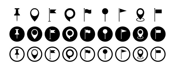 Set of map marker, location pin, pushpin and pointer flag. Navigation sign. Vector 10 Eps.