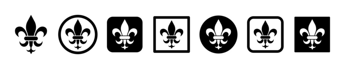 Set of fleur de lis vector icons. Floral ornament. Black heraldic ornament. Lily flower symbol. - obrazy, fototapety, plakaty