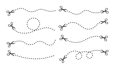 Set of scissors with cut dotted lines. Cutting dashed line to scissors. Vector 10 Eps.