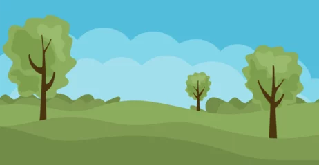 Plexiglas foto achterwand Summer landscape with green fields, trees, grass, cloud and blue sky. Vector nature background. Flat vector illustration © Narek
