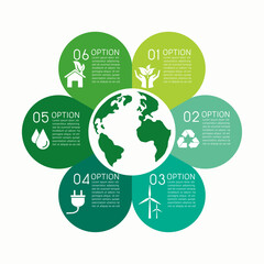 circle green leaves eco infographic on white background. green environment concept. Design elements templates for presentation with 6 options. vector illustration modern flat design.