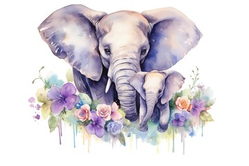 mom and baby elephant in flower and leaves wreath painted in watercolor on a white isolated background. - obrazy, fototapety, plakaty