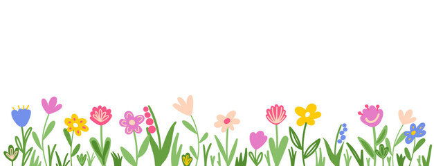 Summer banner with green grass and wildflowers. Doodle flower on white background with copyspace