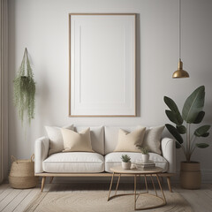 blank empty Bohemian-Inspired Living Room with Empty Poster Frame Mockup