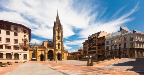  Oviedo, Spain - July 21. 2019: Cathedral of San Salvador in Oviedo