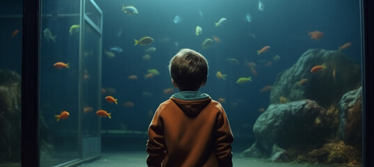  Boy watching fish in the aquarium. Generative Ai