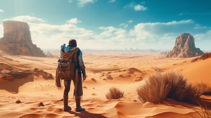 Traveler stands at the sandy desert. Generative Ai