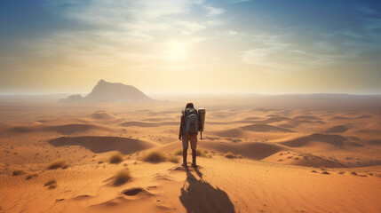Fototapeta na wymiar Traveler stands at the sandy desert. Generative Ai