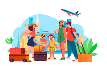 happy family with children and baggage standing together summer vacation holiday time to travel concept