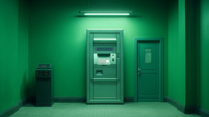 Bank ATM on green wall. Generative Ai