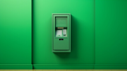 Bank ATM on green wall. Generative Ai
