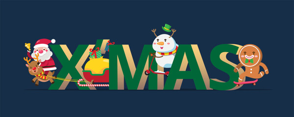Happy New Year 2022 with a santa claus and team present typography x'mas.