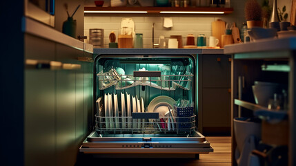 Empty Opened Dishwasher in kitchen. Generative Ai
