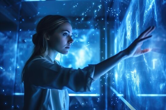 A monochromatic shot of a woman interacting with a large, holographic touchscreen. Generative AI