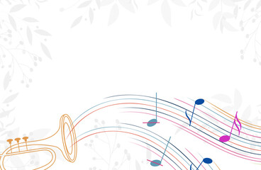 Music Design. Musical wave and trumpet on a background with leaves. For concerts, music, presentations, certificates.