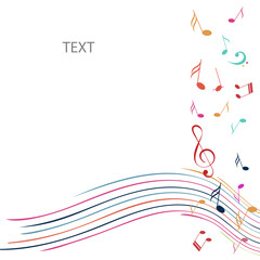 Music Design. Multicolored notes and musical wave on a white background. For concerts, music, presentations, certificates.
