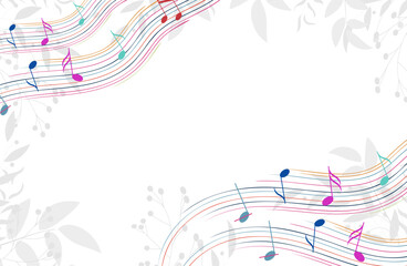 Music Design. Multicolored musical wave on a background with leaves. For concerts, music, presentations, certificates.