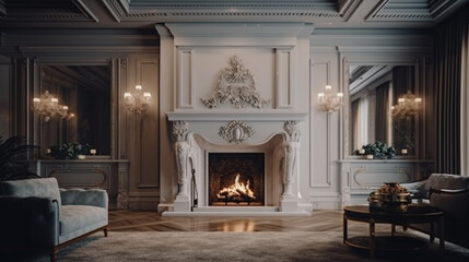 Fireplace in luxury home interior design. Generative Ai
