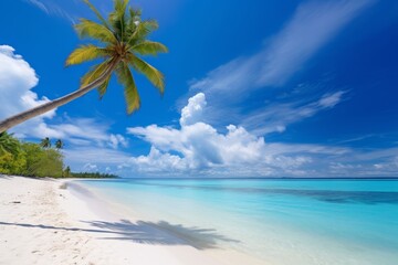 Sunny beach with white sand, turquoise water, and blue sky Perfect for summer vacation, Generative AI