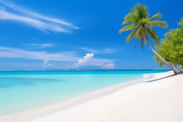 Sunny beach with white sand, turquoise water, and blue sky Perfect for summer vacation, Generative AI