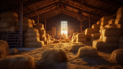 Haystacks sorted inside an agricultural. Generative Ai