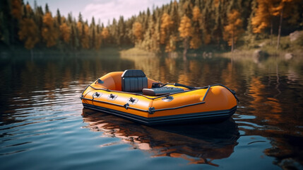 Inflatable boat with paddle on the lake. Generative Ai