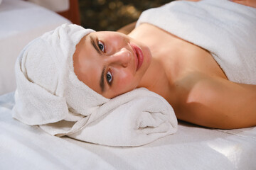 Fototapeta na wymiar caucasian white woman relaxing in spa massage