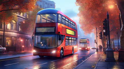 Obraz premium Red bus driving through the city. Generative Ai