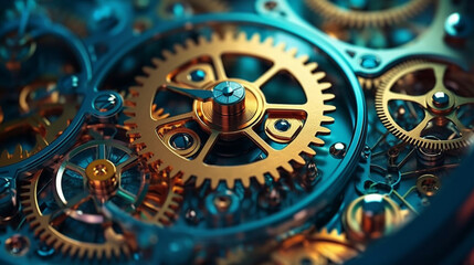Macro view Gears and cogs in clockwork watch mechanism. Generative Ai