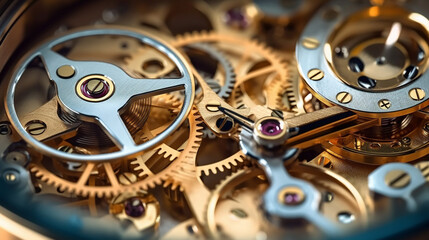 Macro view Gears and cogs in clockwork watch mechanism. Generative Ai