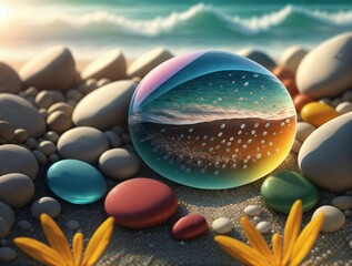 colorful pebbles by the sea. Created with Generative AI Technology.
