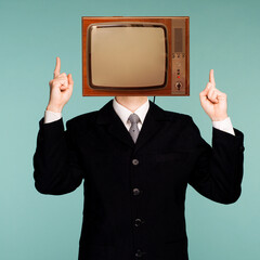 Contemporary minimal retro collage art. Retro Tv Businessman pointing fingers up. News, propaganda concept.