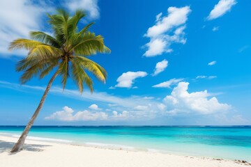 Naklejka na ściany i meble Tropical island beach with palm tree, blue sky, and ocean Ideal for summer vacation, Generative AI