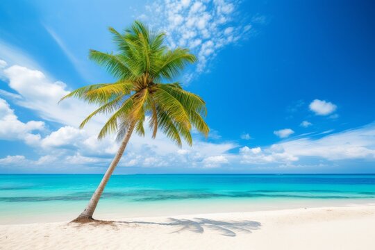 Tropical island beach with palm tree, blue sky, and ocean Ideal for summer vacation, Generative AI