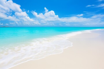 Fototapeta na wymiar Maldives island white sand, turquoise ocean, blue sky, perfect view, Generative AI