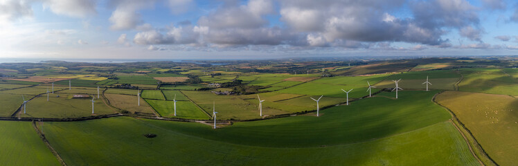 Windmills in the Cornish countryside cornwall uk from the air drone
