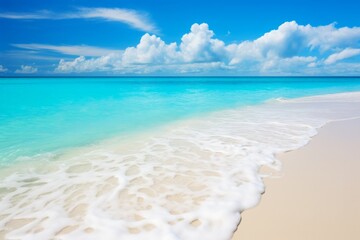 Maldives island white sand, turquoise ocean, blue sky, perfect view, Generative AI