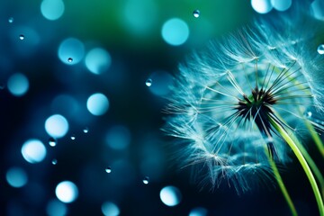 Dew drop on dandelion seed Macro close up Sparkling bokeh Blue green background, Generative AI
