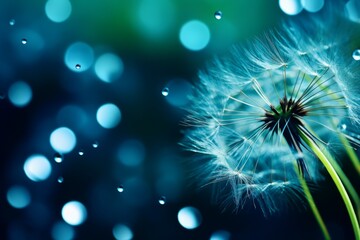 Fototapeta premium Dew drop on dandelion seed Macro close up Sparkling bokeh Blue green background, Generative AI