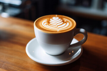 Fototapeta premium Coffee latte in a white mug with thick milk foam and latte art, generative AI