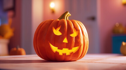 Fototapeta premium Autumn kitchen with big orange halloween pumpkin. Generative AI.
