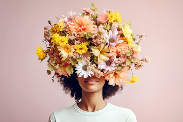 Woman with her head covered with flowers. Mental health, psychological treatment concept. Happiness and joy, dreaming. Psychology theme, thinking positive, having good thoughts in mind. AI generated - obrazy, fototapety, plakaty