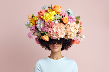Woman with her head covered with flowers. Mental health, psychological treatment concept. Happiness and joy, dreaming. Psychology theme, thinking positive, having good thoughts in mind. AI generated