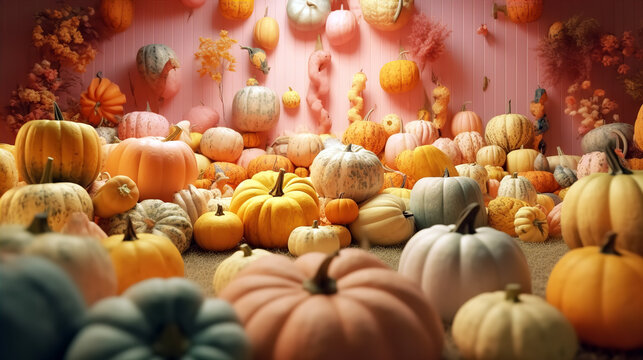 Halloween and Thanksgiving autumn decoration with variety of pumpkins. Holiday concept. Generative AI.