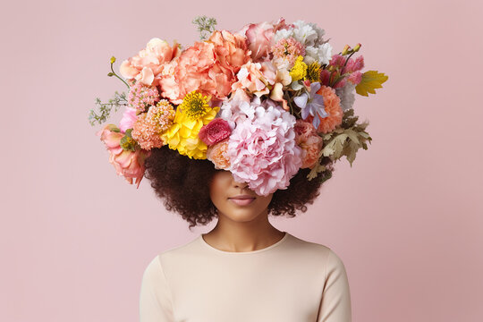 Woman with her head covered with flowers. Mental health, psychological treatment concept. Happiness and joy, dreaming. Psychology theme, thinking positive, having good thoughts in mind. AI generated