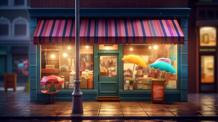 Fototapeta na wymiar Small shop with colorful awning. Generative Ai